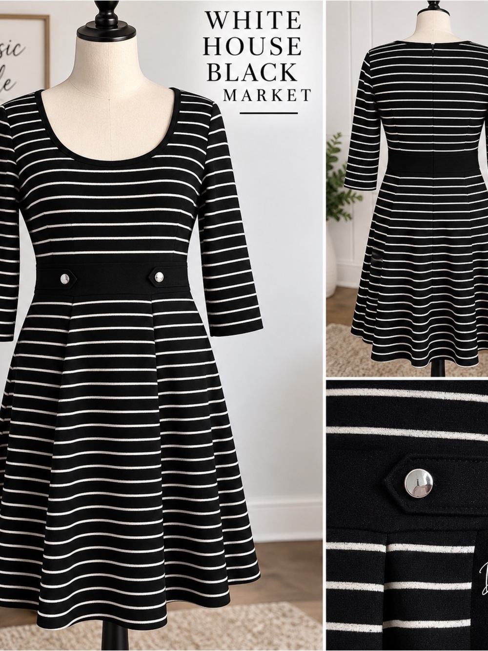 Black White Striped Fit & Flare Dress Size 14 WHBM 3/4 Sleeve